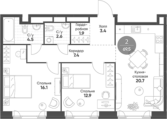 Планировка — Mariinn Park, 3-комн., 70 м²
