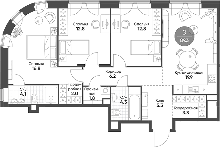 Планировка — Mariinn Park, 4-комн., 89 м²