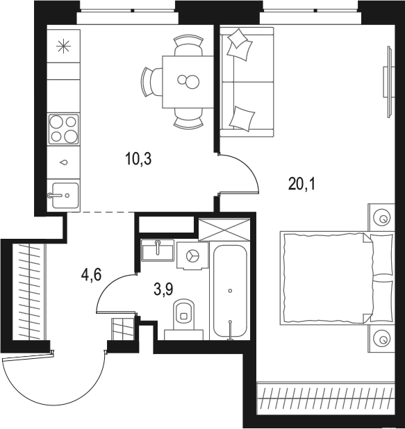Планировка — Левел Мичуринский, 1-комн., 39 м²