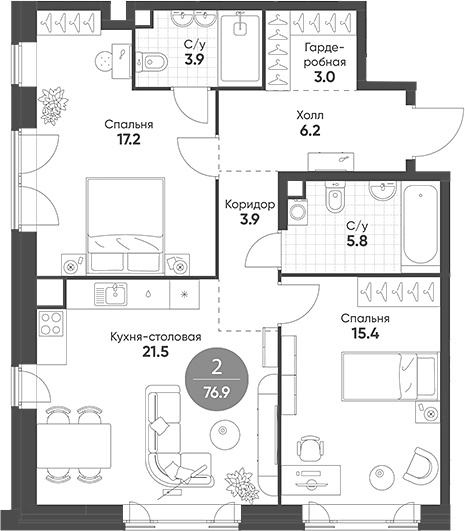 Планировка — Mariinn Park, 3-комн., 77 м²