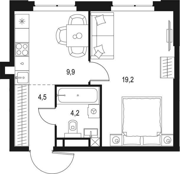 Планировка — Левел Мичуринский, 1-комн., 38 м²