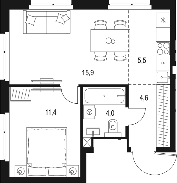 Планировка — Левел Мичуринский, 2-комн., 41 м²