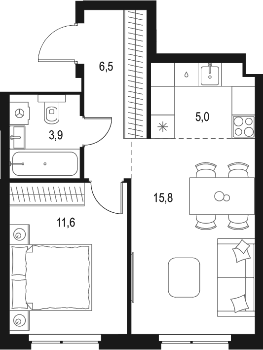 Планировка — Левел Мичуринский, 2-комн., 43 м²