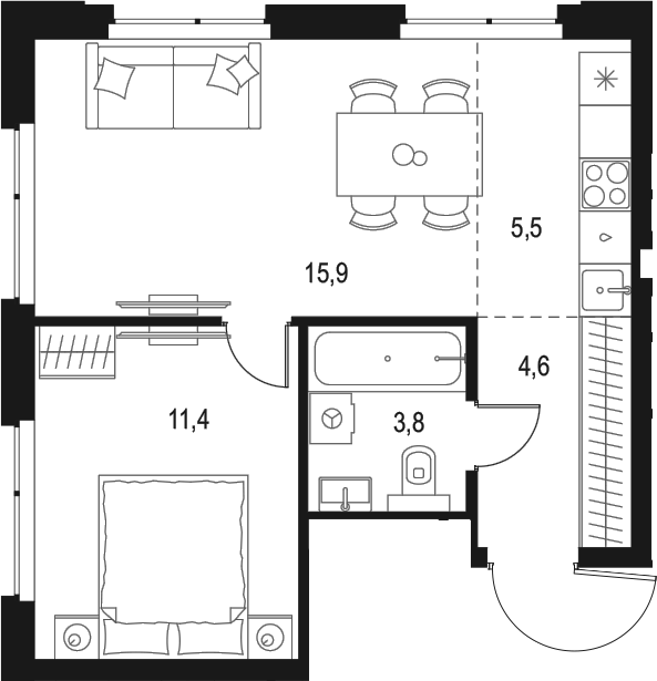 Планировка — Левел Мичуринский, 2-комн., 41 м²