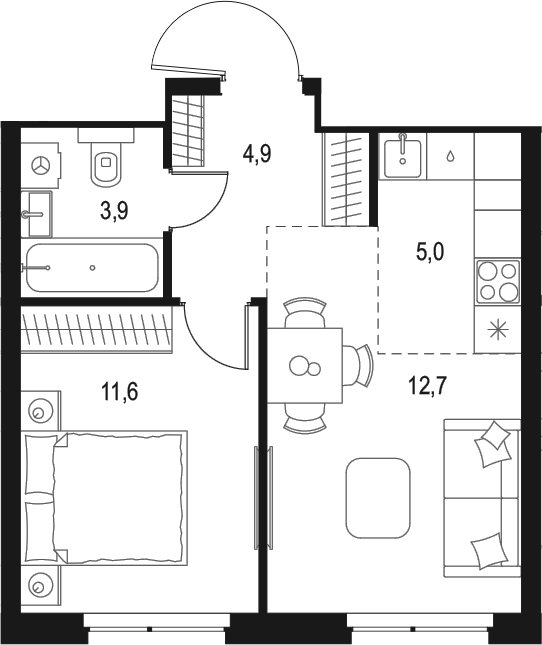 Планировка — Левел Мичуринский, 2-комн., 38 м²