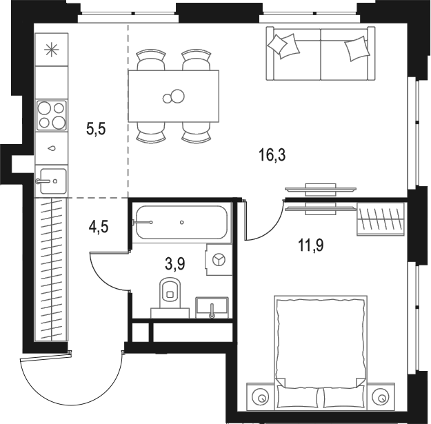 Планировка — Левел Мичуринский, 2-комн., 42 м²