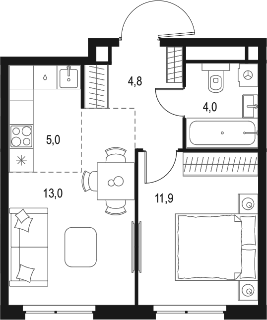 Планировка — Левел Мичуринский, 2-комн., 39 м²