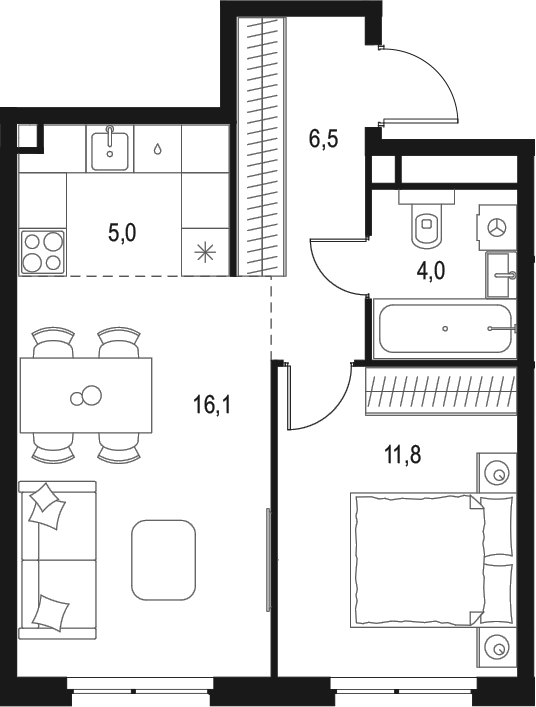 Планировка — Левел Мичуринский, 2-комн., 43 м²