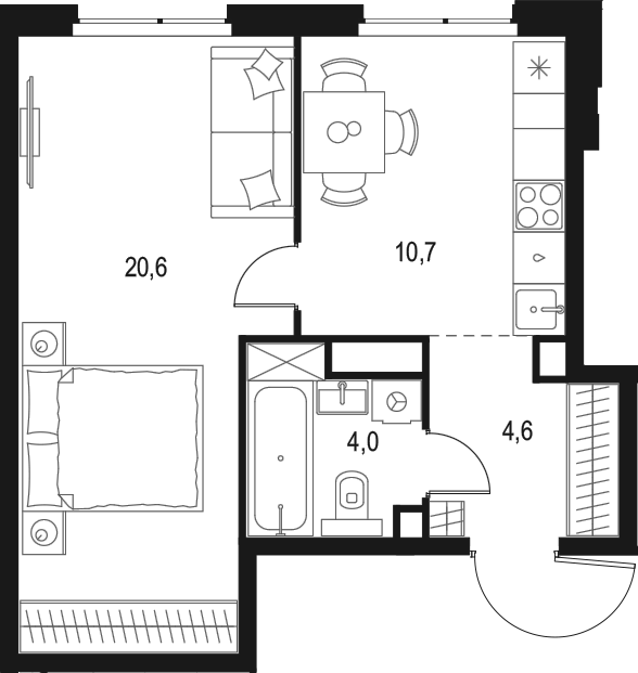 Планировка — Левел Мичуринский, 1-комн., 40 м²