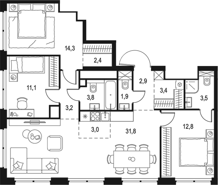Планировка — Левел Звенигородская, 4-комн., 94 м²