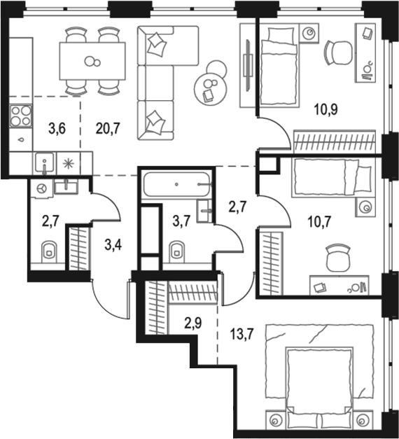Планировка — Левел Звенигородская, 4-комн., 75 м²
