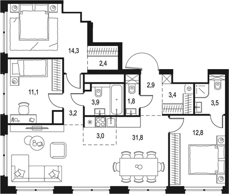 Планировка — Левел Звенигородская, 4-комн., 94 м²