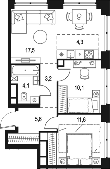 Планировка — Левел Звенигородская, 3-комн., 56 м²