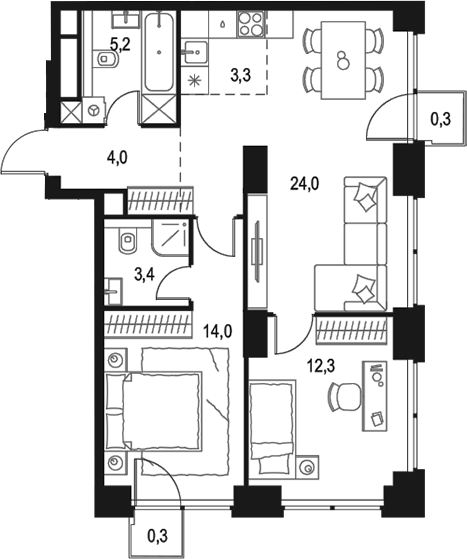 Планировка — Левел Звенигородская, 3-комн., 66 м²