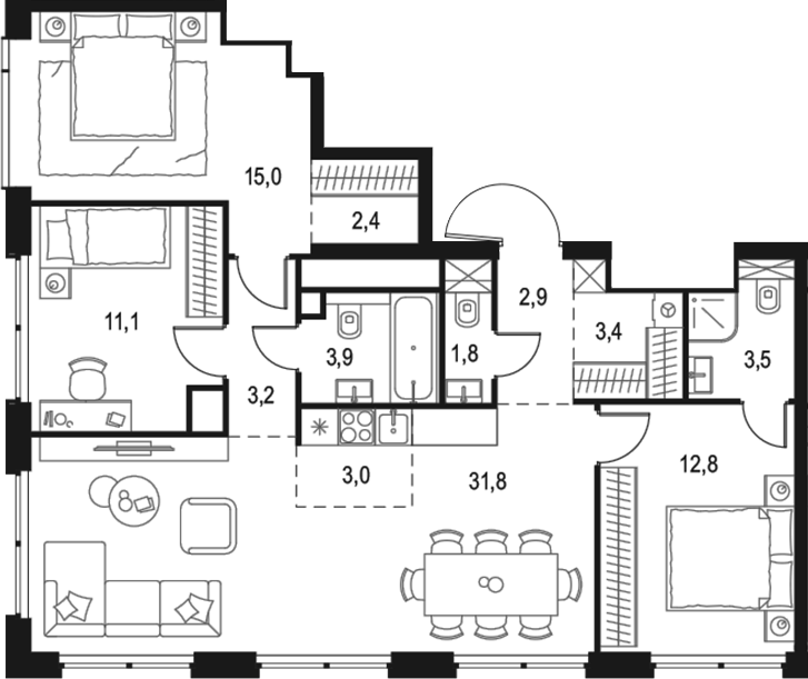 Планировка — Левел Звенигородская, 4-комн., 95 м²