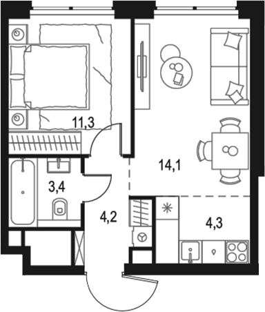 Планировка — Левел Звенигородская, 2-комн., 37 м²