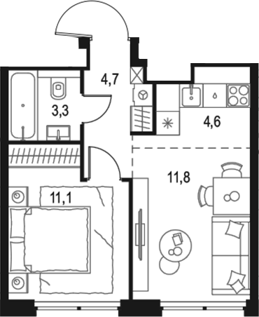 Планировка — Левел Звенигородская, 2-комн., 36 м²