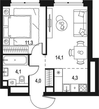 Планировка — Левел Звенигородская, 2-комн., 38 м²