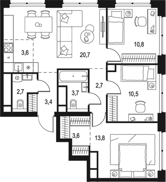 Планировка — Левел Звенигородская, 4-комн., 76 м²