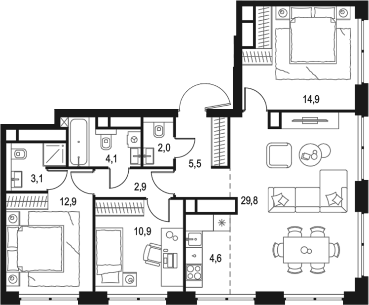 Планировка — Левел Звенигородская, 4-комн., 91 м²