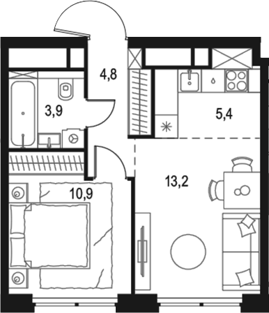 Планировка — Левел Звенигородская, 2-комн., 38 м²