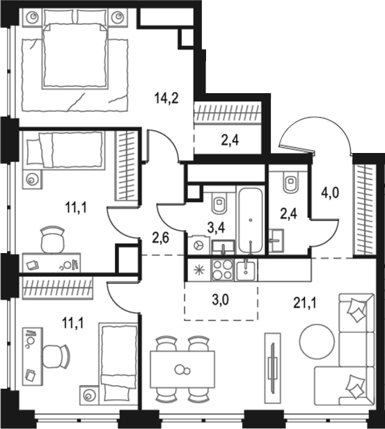 Планировка — Левел Звенигородская, 4-комн., 75 м²