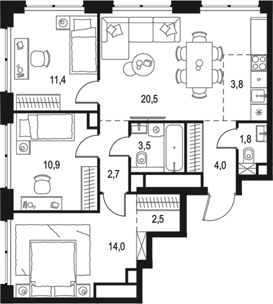 Планировка — Левел Звенигородская, 4-комн., 75 м²