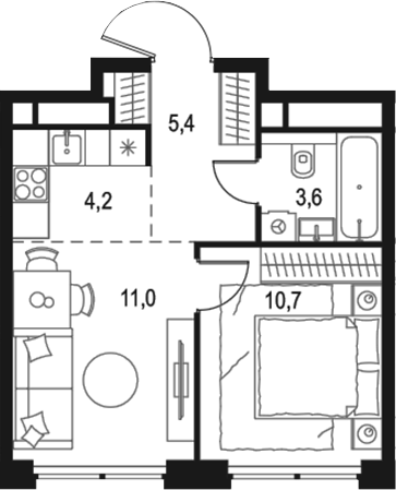 Планировка — Левел Звенигородская, 2-комн., 35 м²