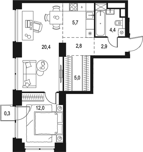 Планировка — Левел Звенигородская, 2-комн., 53 м²
