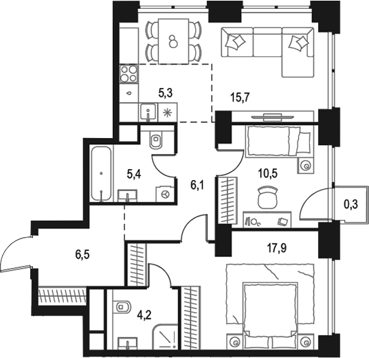Планировка — Левел Звенигородская, 3-комн., 72 м²