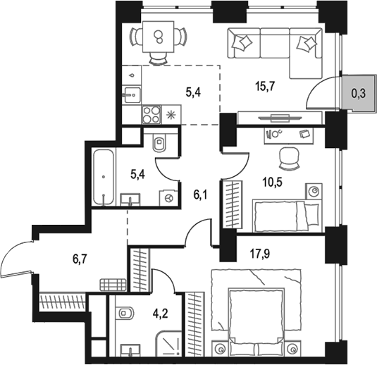 Планировка — Левел Звенигородская, 3-комн., 72 м²