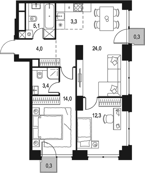 Планировка — Левел Звенигородская, 3-комн., 66 м²