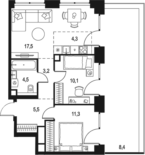 Планировка — Левел Звенигородская, 3-комн., 56 м²