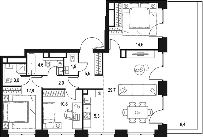 Планировка — Левел Звенигородская, 4-комн., 91 м²