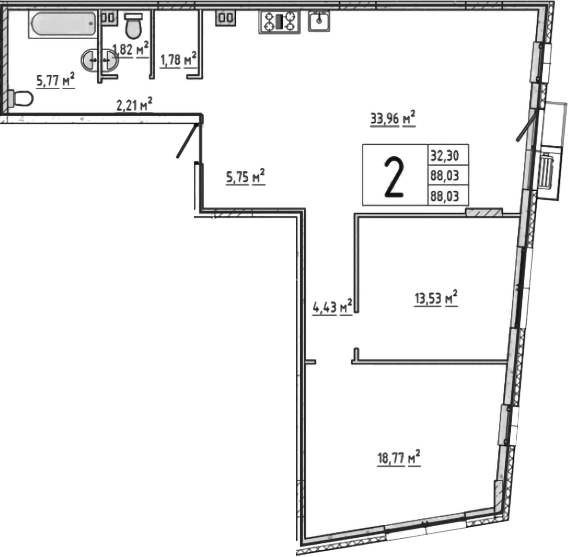 Планировка — Эльйон, 2-комн., 89 м²