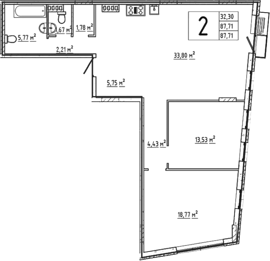 Планировка — Эльйон, 2-комн., 89 м²