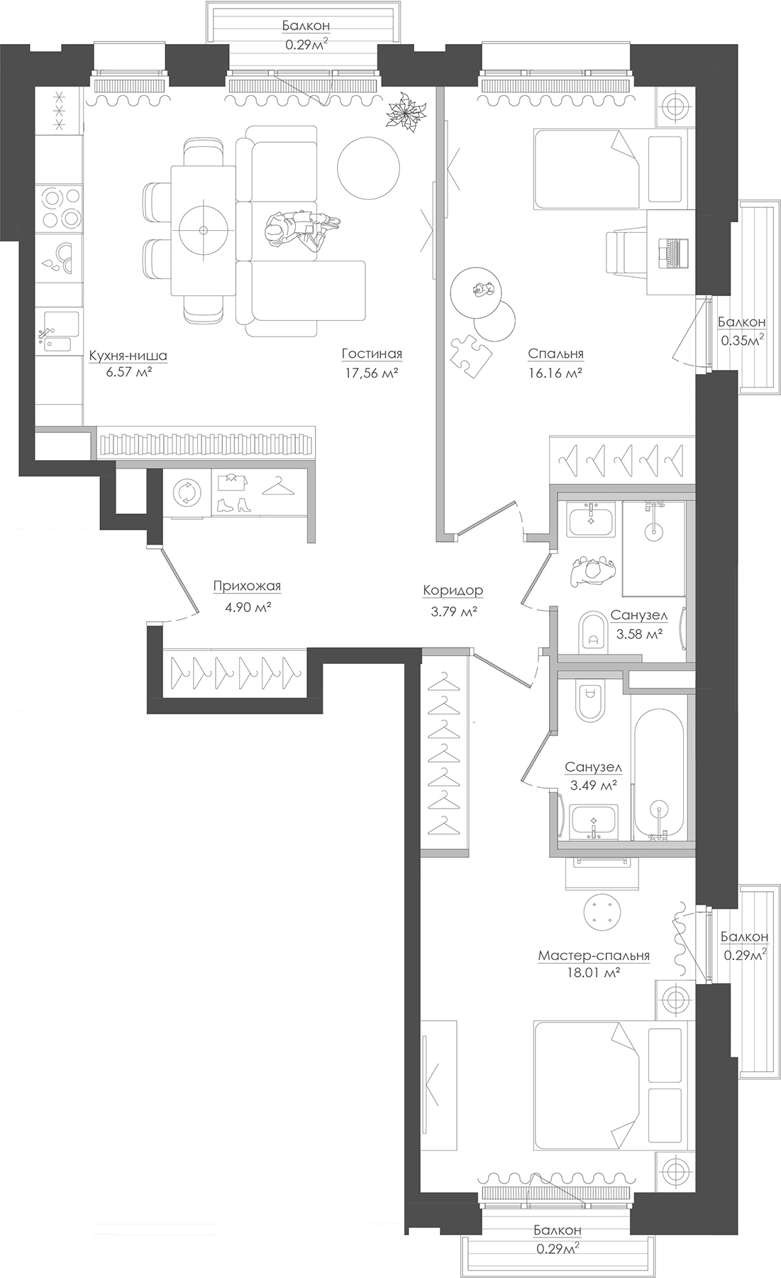 Планировка — Селигер Сити, 3-комн., 75 м²