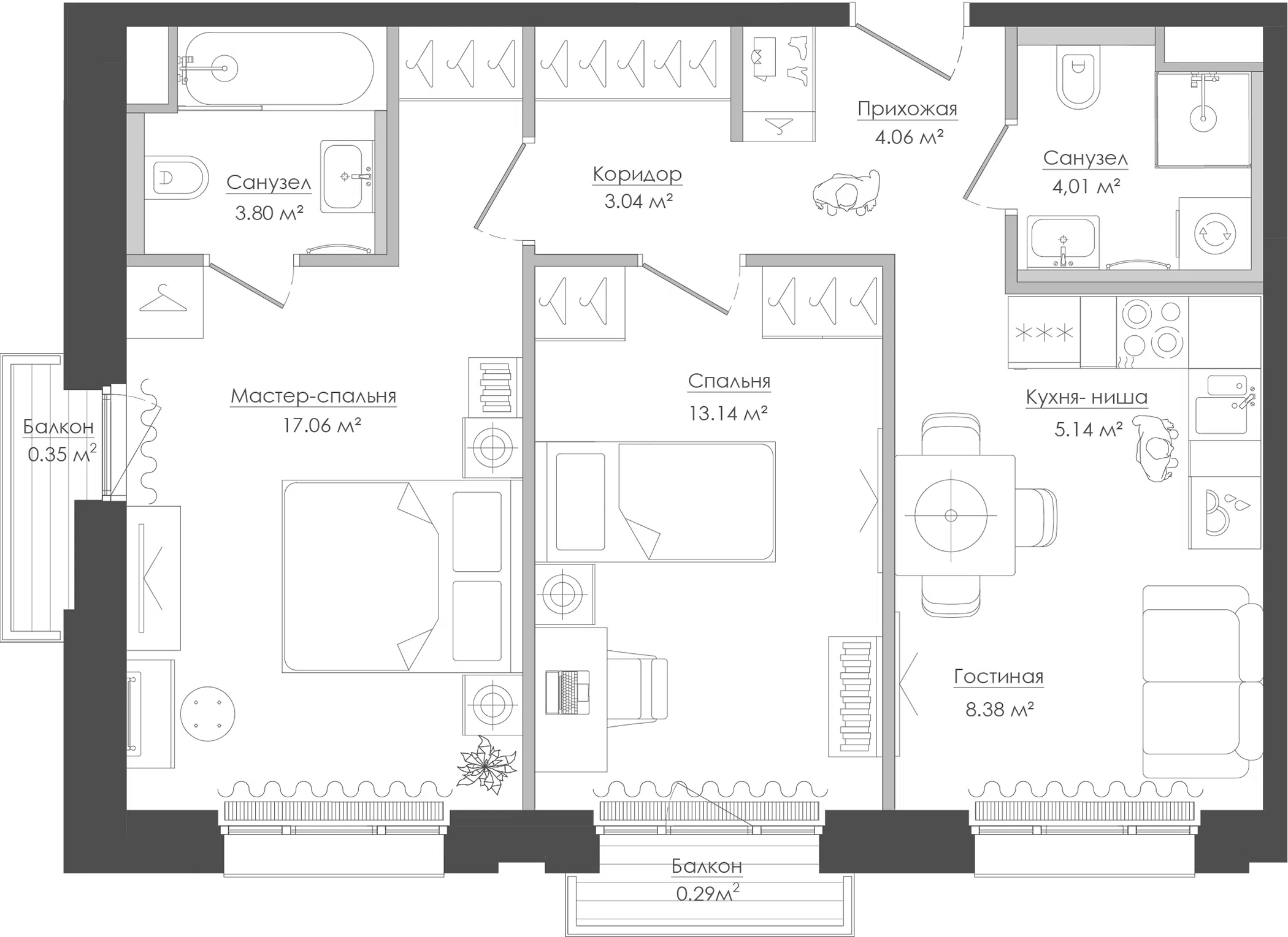 Планировка — Селигер Сити, 3-комн., 59 м²