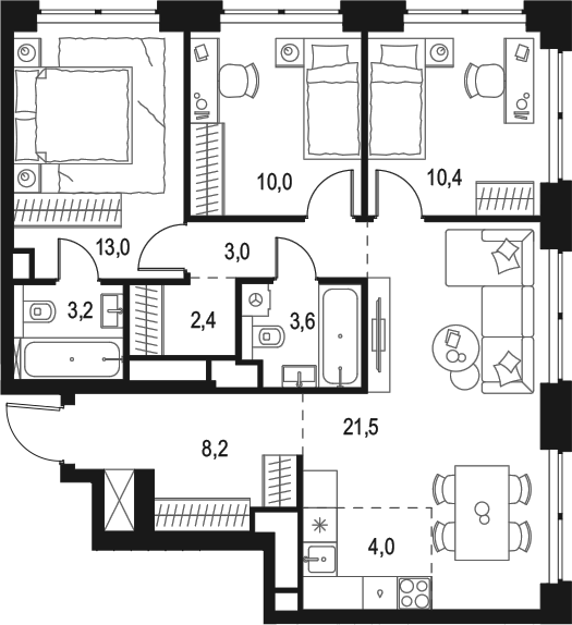 Планировка — Левел Звенигородская, 4-комн., 79 м²
