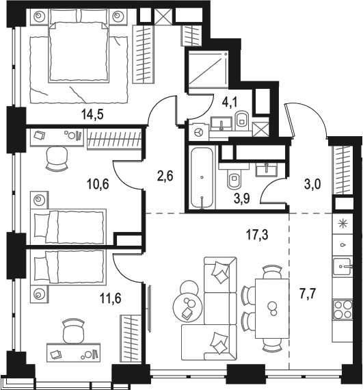 Планировка — Левел Звенигородская, 4-комн., 75 м²