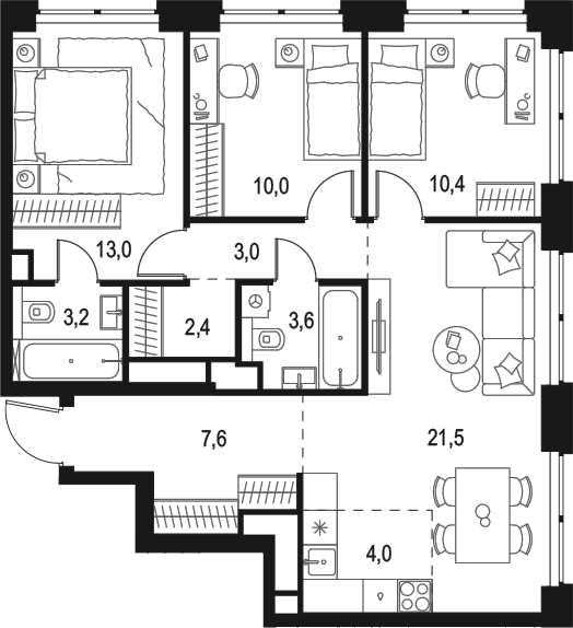 Планировка — Левел Звенигородская, 4-комн., 79 м²