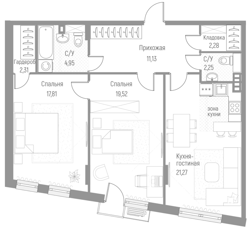 Планировка — Эльйон, 2-комн., 82 м²