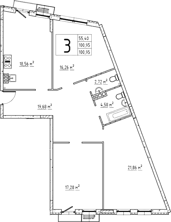 Планировка — Эльйон, 3-комн., 101 м²