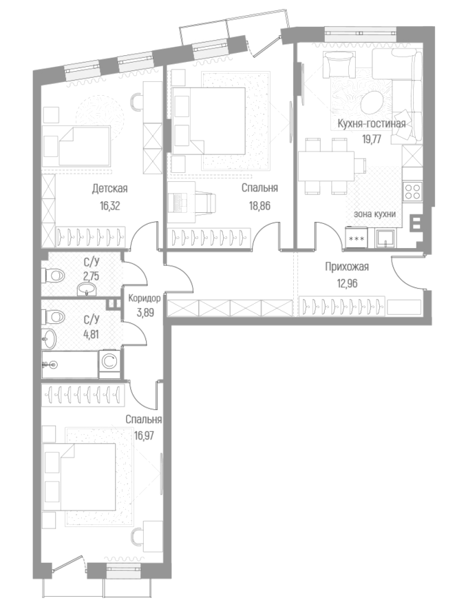 Планировка — Эльйон, 3-комн., 97 м²