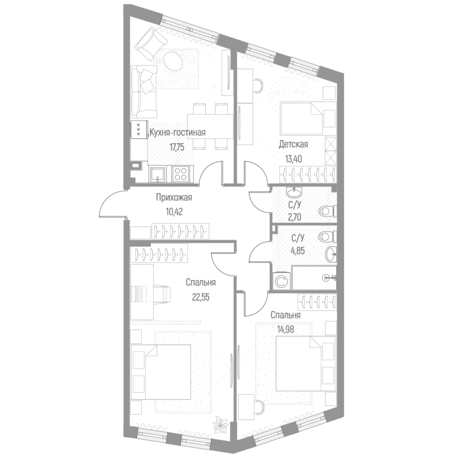 Планировка — Эльйон, 3-комн., 87 м²