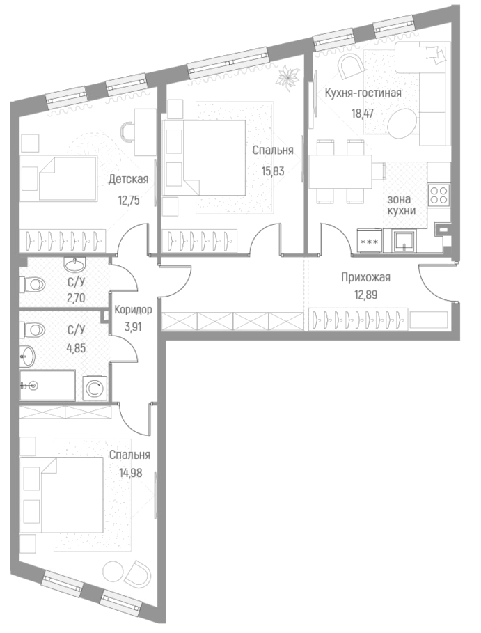Планировка — Эльйон, 3-комн., 86 м²