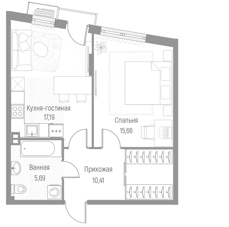 Планировка — Эльйон, 1-комн., 49 м²