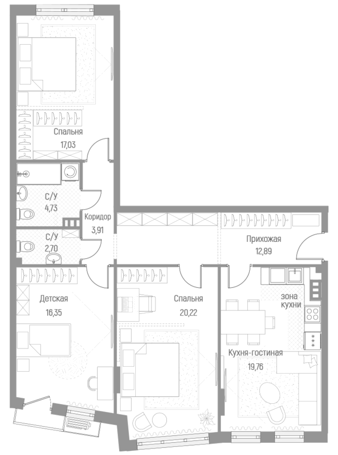 Планировка — Эльйон, 3-комн., 97 м²