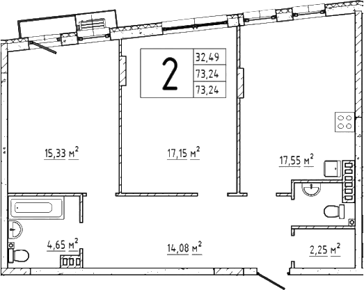 Планировка — Эльйон, 2-комн., 73 м²