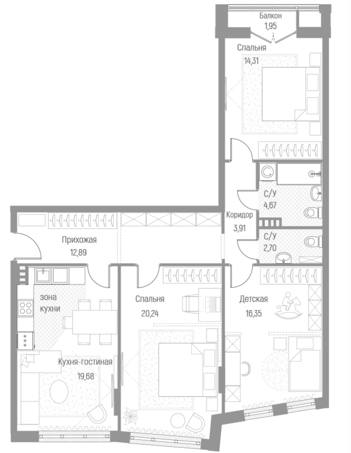 Планировка — Эльйон, 3-комн., 94 м²